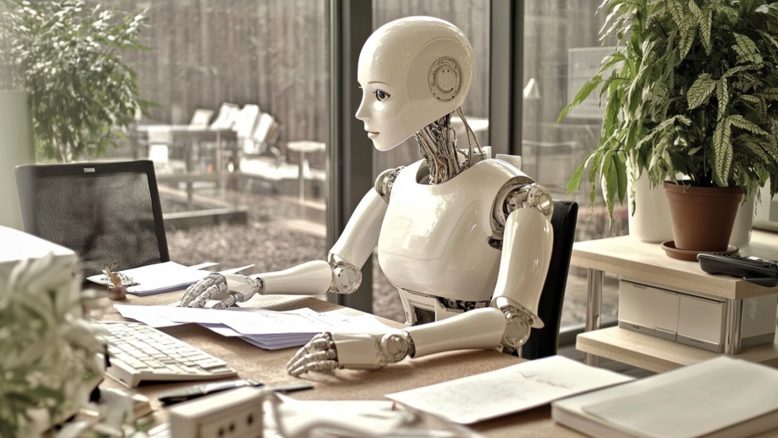 Kollege KI im Mittelstand - Humanoider Roboter sitzt am Schreibtisch